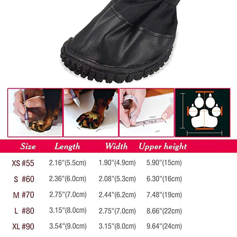 Black dog boot with size chart and measurement details on a white background