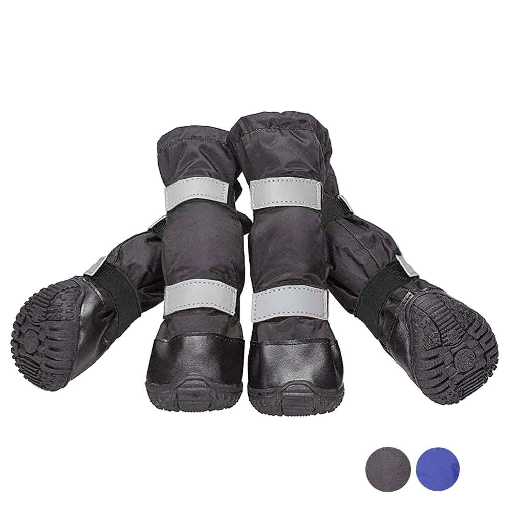 Pair of black dog boots with reflective straps on a white background,