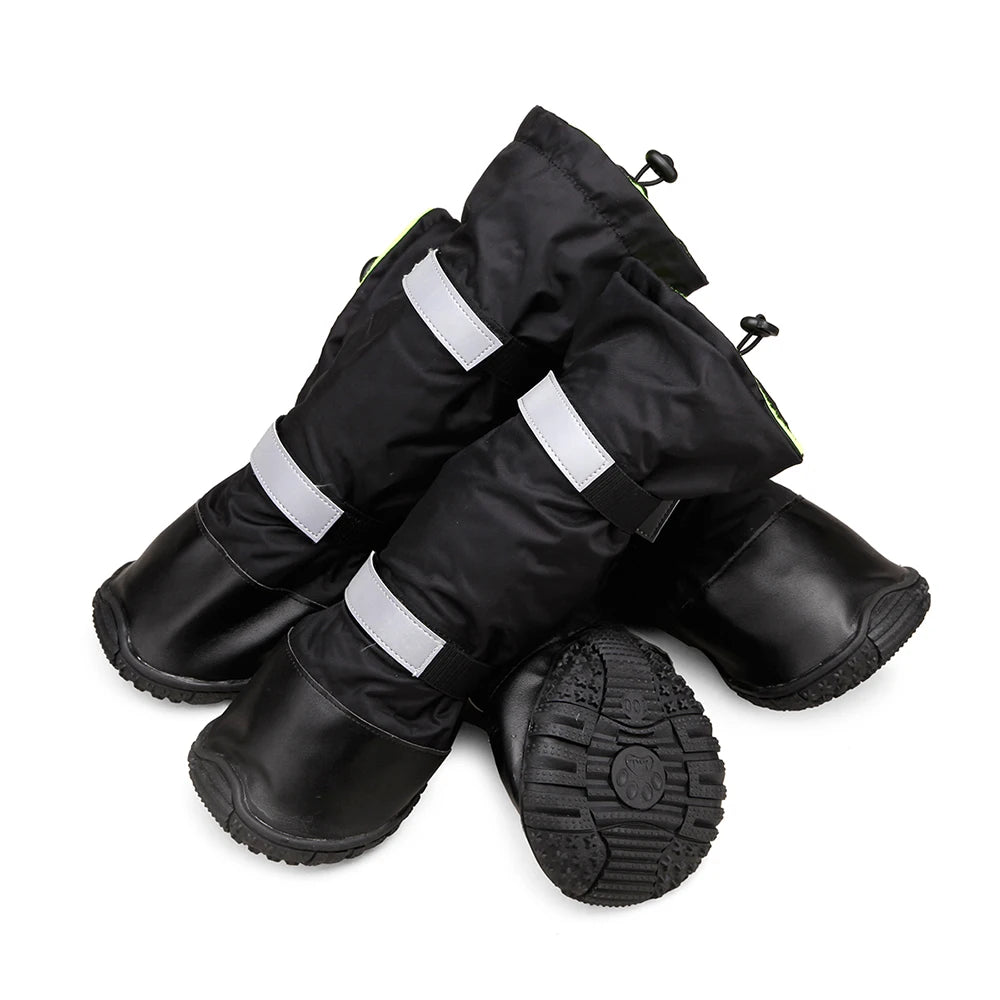 Black boots with reflective stripes on a white background