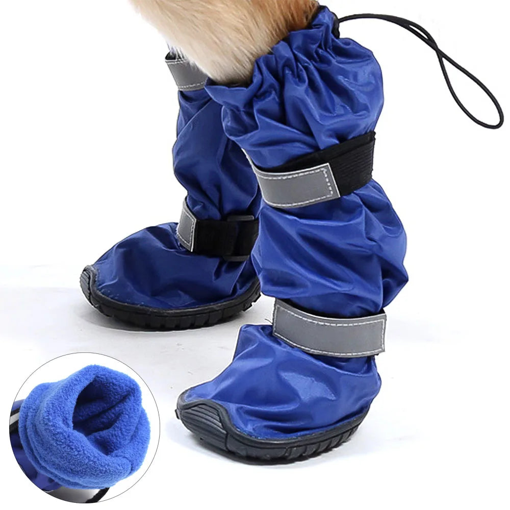 Blue protective dog boots with straps on a white background