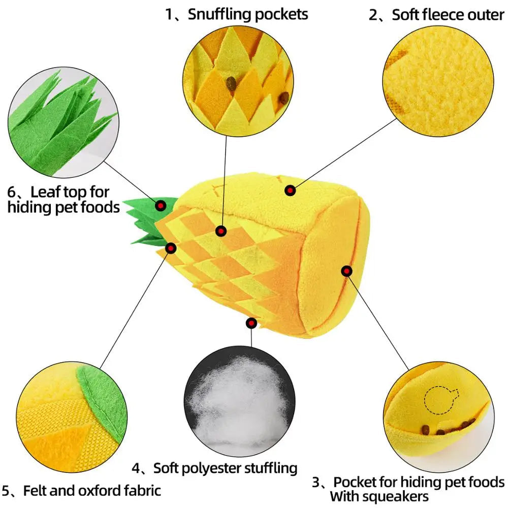 Pineapple-shaped pet toy with features labeled on a white background