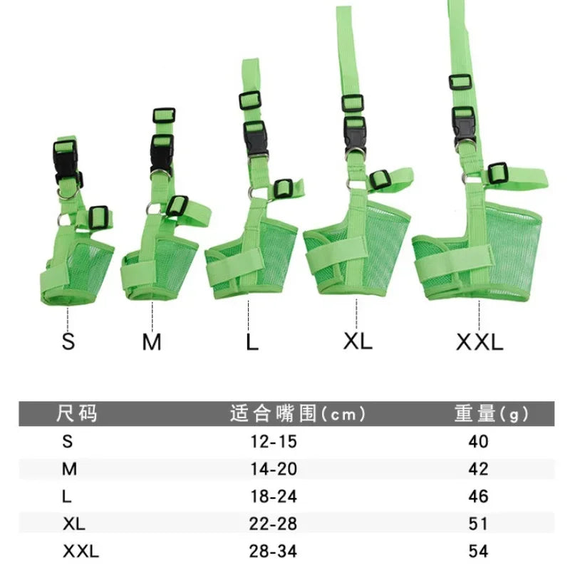 Set of green dog muzzles in different sizes with size chart.
