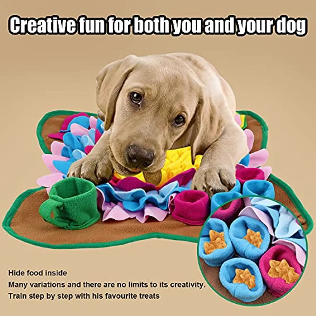Dog playing with a colorful toy mat on a beige background