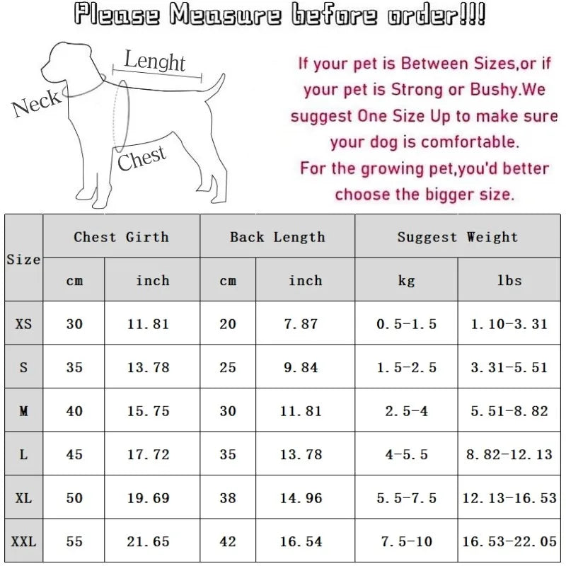 Dog size chart with measurements and weight suggestions