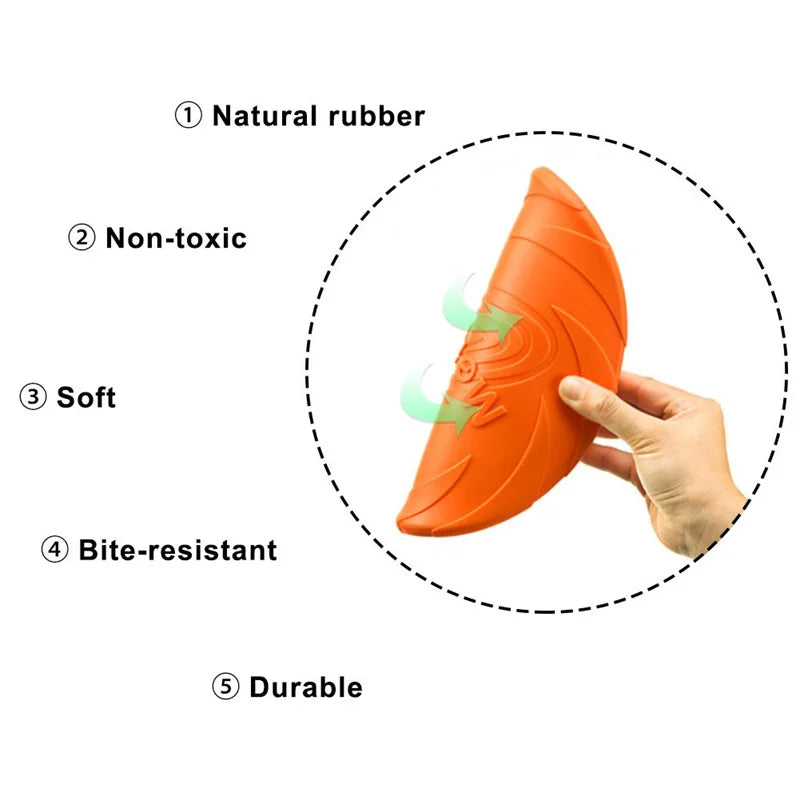 Orange dog toy shaped like a carrot held by a hand, with text indicating its features on a white background.