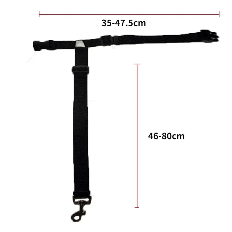 Black dog harness with measurements on a white background