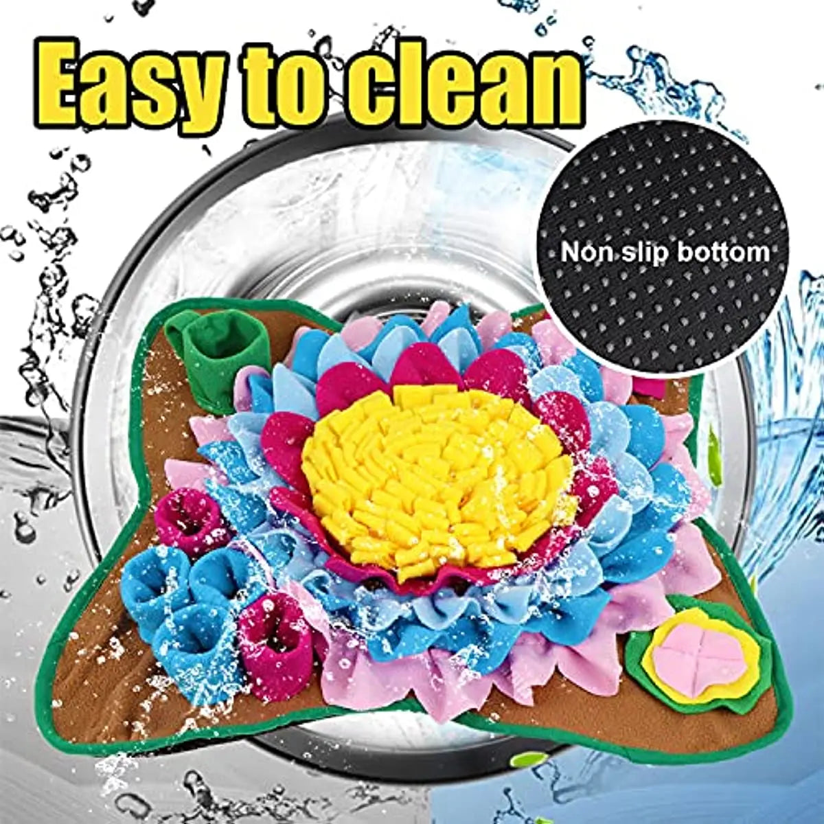 Colorful flower-shaped cleaning pad with text 'Easy to clean' and 'Non-slip bottom' on a white background.