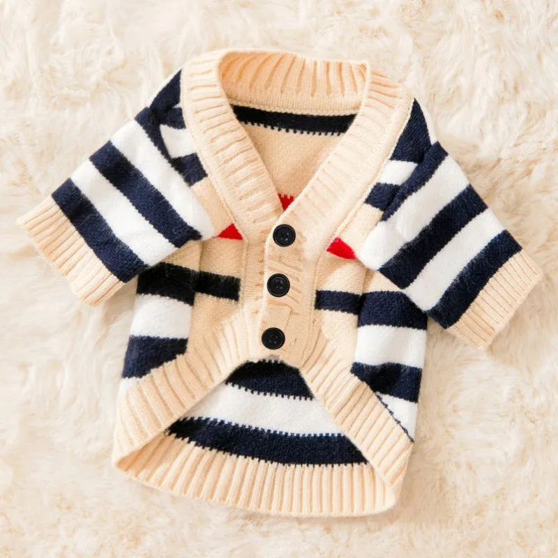 Sweater for your pet, with striped sleeves on a soft beige background