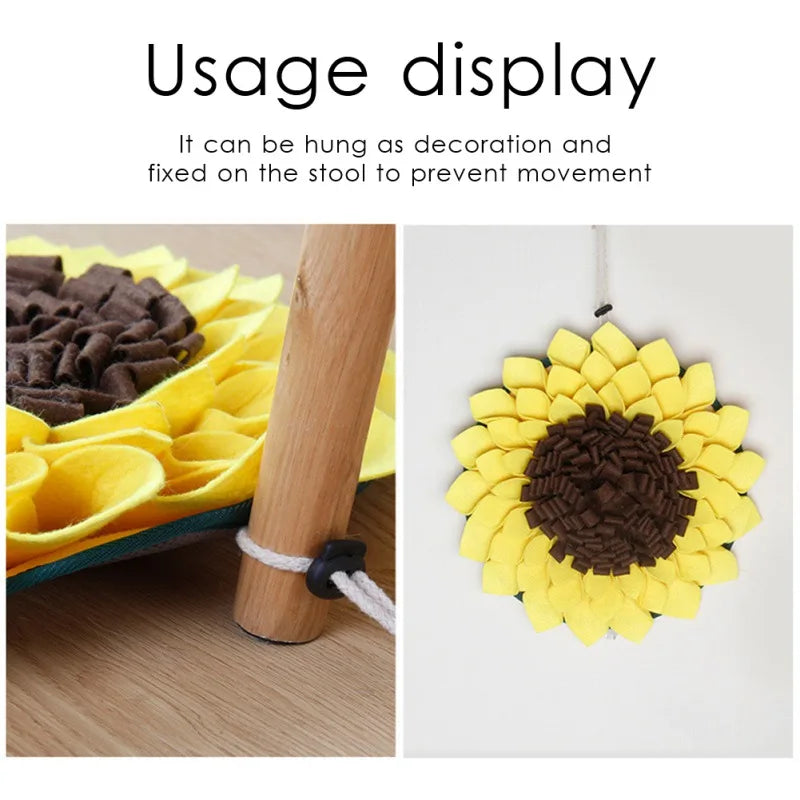 Sunflower-shaped decorative item on a stool with text about usage display.