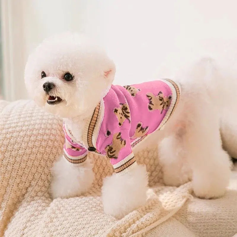 Small white dog wearing a pink sweater with brown patterns on a beige blanket.