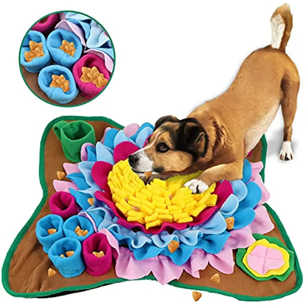 A dog using a colorful snuffle mat with raised petals to find and eat hidden treats, designed for nose work and slow feeding.
