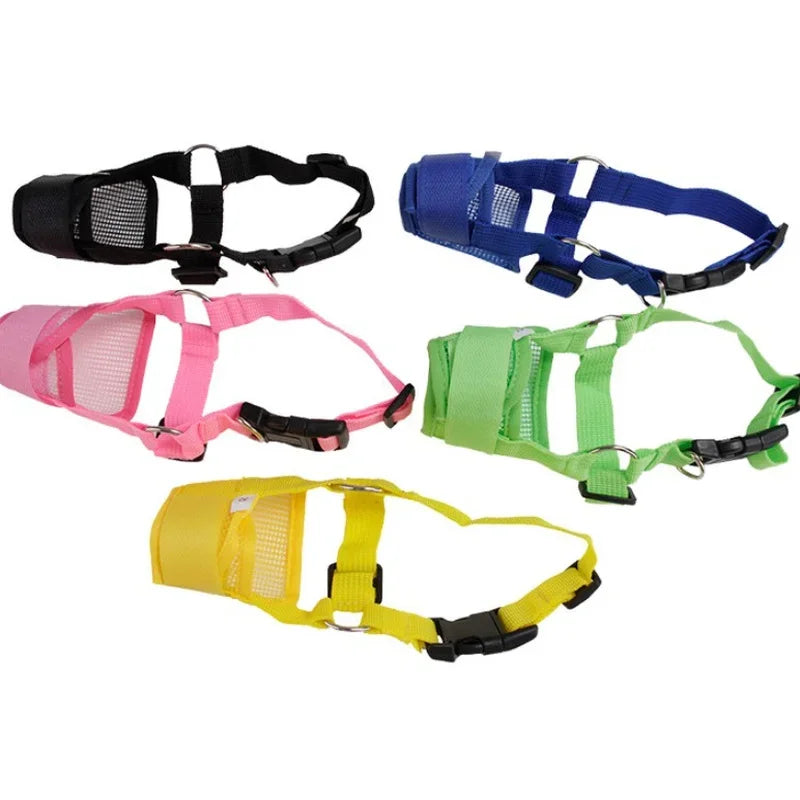 Collection of colorful dog harnesses black, blue, green, yellow, pink on a white background