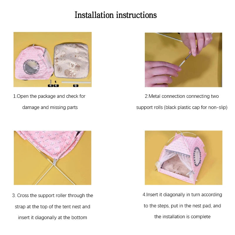 Installation instructions for a pink product on a yellow background