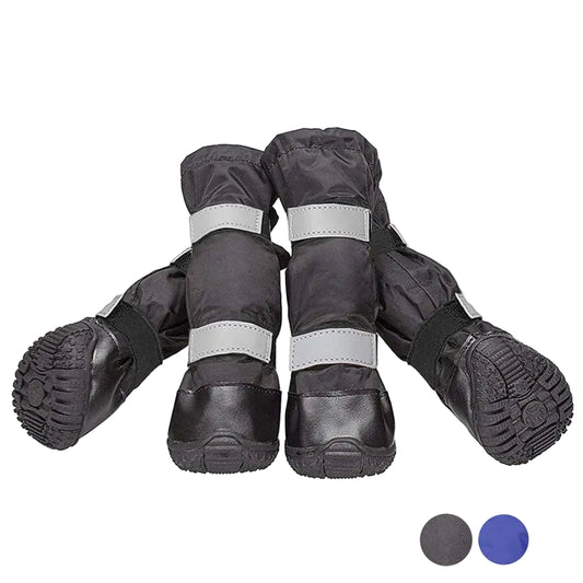 Pair of black dog boots with reflective straps on a white background,
