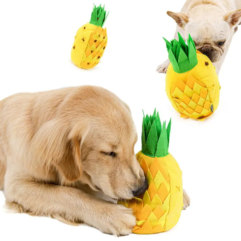 Dog playing with a pineapple-shaped toy, with another toy and a dog in the background.