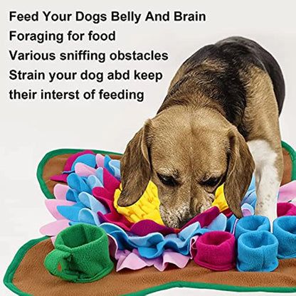 Dog playing with a colorful mat designed for foraging, with text describing its benefits.