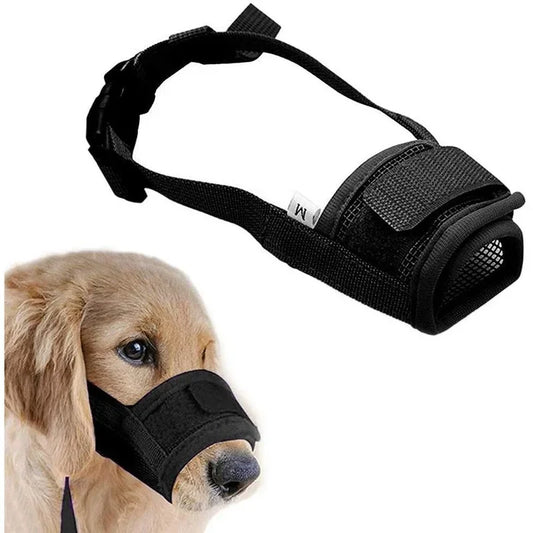 A dog muzzle in black color, made of nylon, shown both alone and being worn by a golden retriever dog to demonstrate usage.