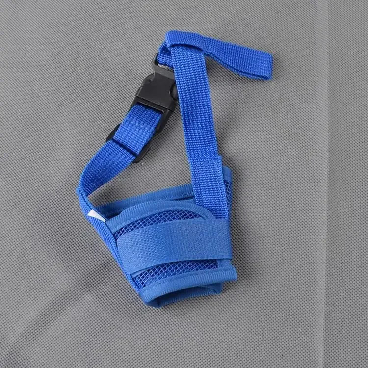 A dog muzzle in blue color, made of nylon, 