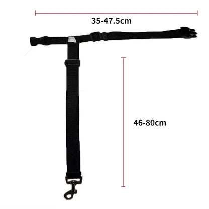 Black dog harness with measurements on a white background